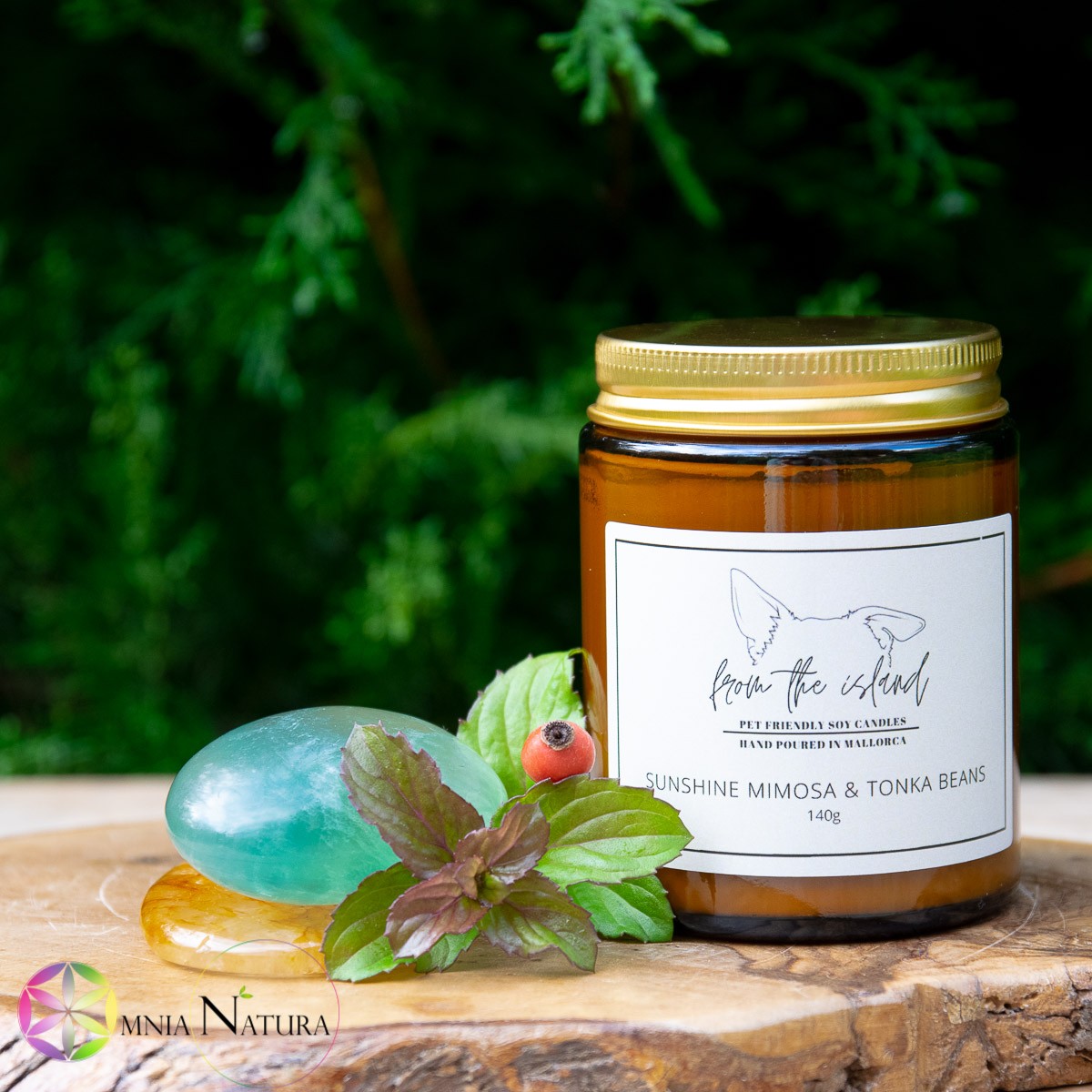 Candela naturale in vasetto di vetro immersa in un contesto naturale, appoggiata su un tagliere di legno e con accanto foglie di menta, una bacca di rosa canina e delle pietre burattate come presentazione e decorazione. Le pietre burattate sono un pebble di fluorite verde e un palmstone/dischetto di quarzo ematoide giallo. La candela ha un'etichetta bianca, il vasetto è di vetro brunito e il tappo di metallo dorato. il logo di OmniaNatura con il suo fiore a sei petali colorato è con scritta nera sul fondo a sinistra.