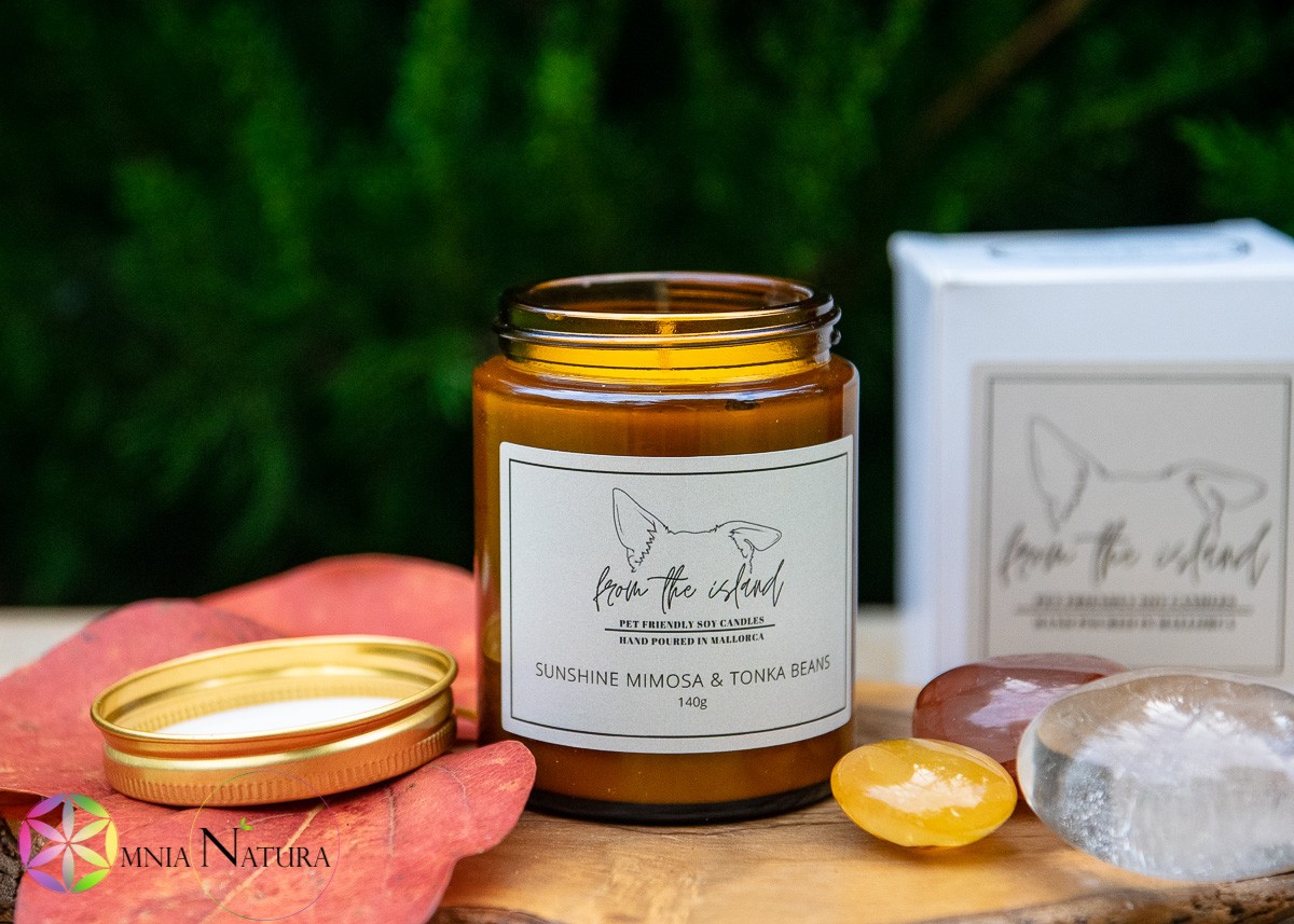Mimosa & Tonka-Candela naturale “From the island” In foto viene presentata la candela Sunshine Mimosa e Tonka Beans aperta con il tappo di metallo dorato svitato e appoggiato a lato. La candela naturale è colata in un vasetto di vetro brunito e ha un'etichetta bianca. Dietro la candela si vede in sfondo la confezione di cartoncino bianca fornita da FROM THE ISLAND. La candela è adagiata su un tagliere di legno immersa in un esterno verdeggiante. Accanto alla candele una foglia di albero di cachi rossa autunnale e dalla parte opposta tre pietre burattate a decorazione. Le pietre sono Un palmstone di quarzo ialino di ottima qualità, un lens di quarzo ematoide giallo e un pebble di quarzo ematoide rosso.