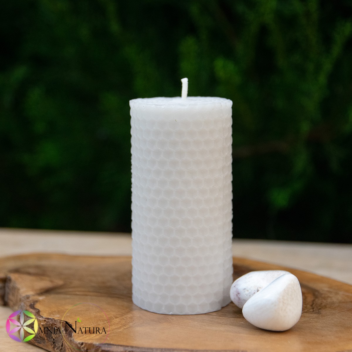 Candela di cera d’api Snow Ball – JaobStudio Candela Bianca di cera suggestiva in primo piano. La candela con visibile il suo caratteristico nido d'ape è immersa in un contesto naturale e accanto sono posizione due pietre burattate classiche di scolecite, bianche e pure come la candela. Il tutto è appoggiato su un supporto di legno e ha come sfondo il verde della natura che le circonda.