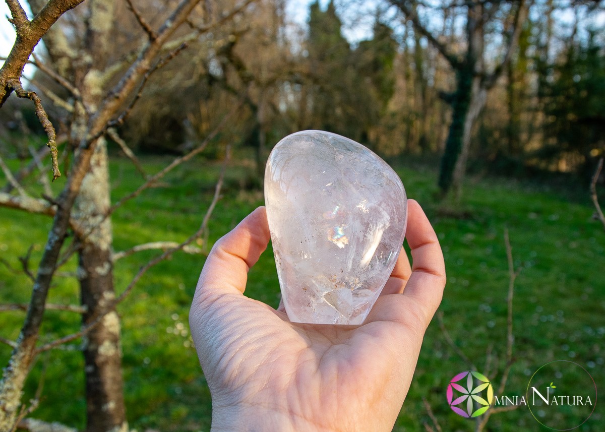 Pietra ovale di quarzo trasparente in mano, esterno